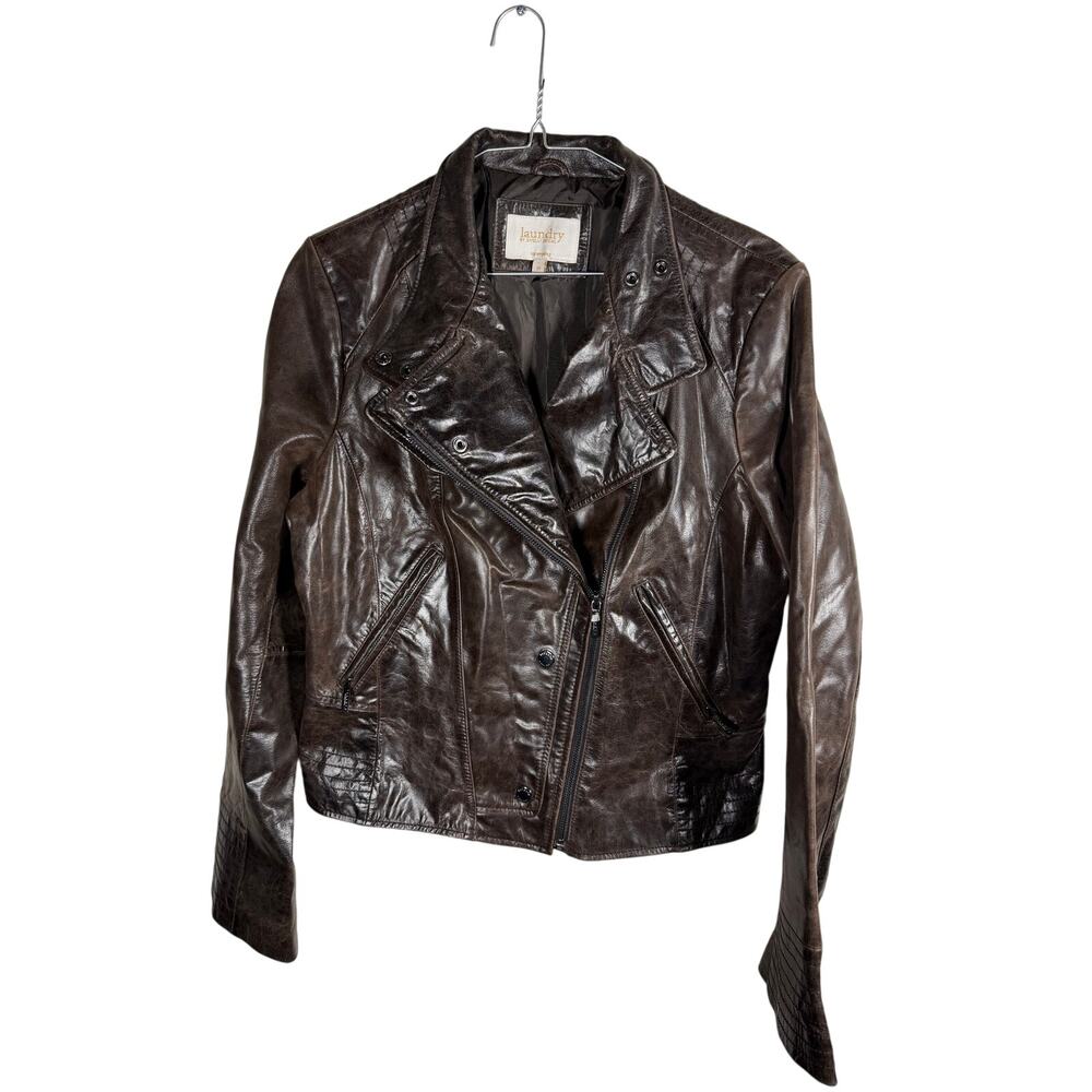 Laundry by Shelli Segal Brown Genuine Leather Moto Biker Jacket Sz M Distressed